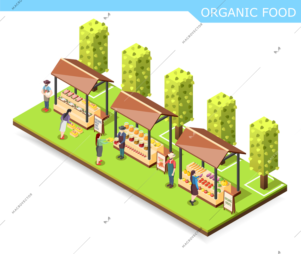 Farm market with organic food isometric composition with vegetables, preserves, meat and fish on counters vector illustration