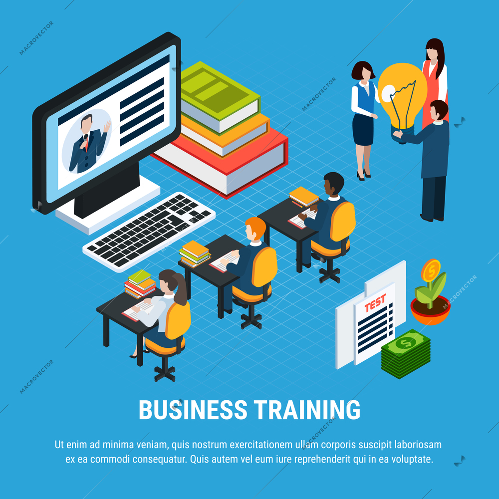 Webinar isometric colored composition with business training headline and people sit in front of screen vector illustration