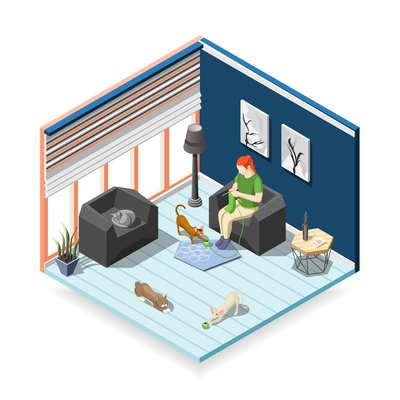Woman during knitting with cats, home interior, isometric composition ordinary life of man and pets vector illustration