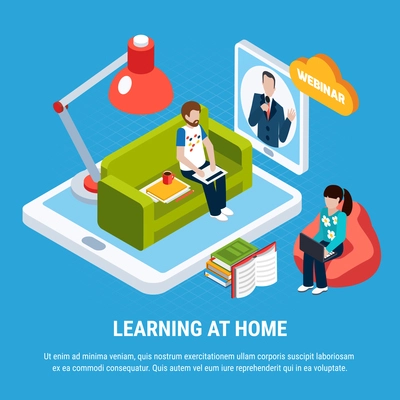 3d isometric webinar concept with learning at home headline and person study on the couch vector illustration
