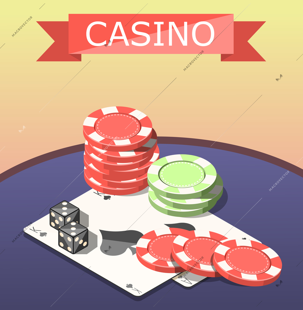 Board games of casino isometric composition with playing card, dice and chips on table vector illustration