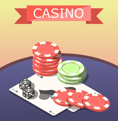 Board games of casino isometric composition with playing card, dice and chips on table vector illustration