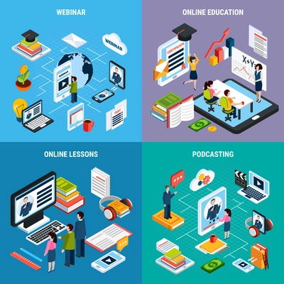 Four square webinar isometric icon set with webinar online education lessons and podcasting descriptions vector illustration