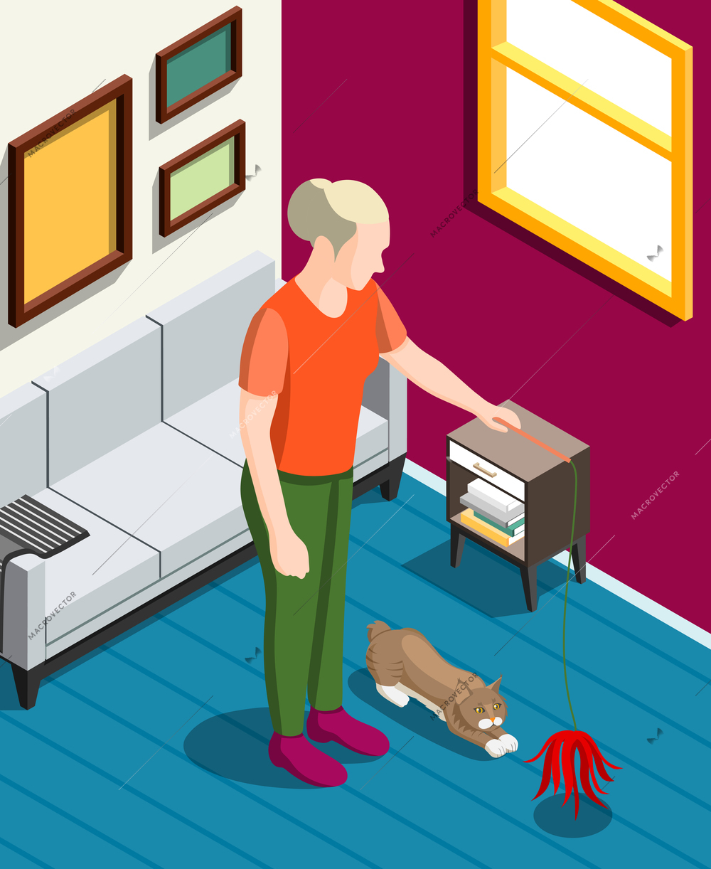 Woman during games with her cat isometric background with home interior vector illustration