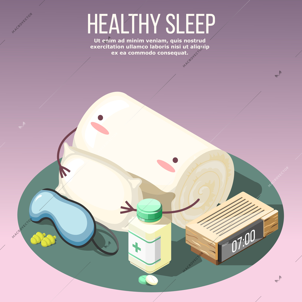 Healthy sleep isometric composition on lilac background with pillow, medicines, mask and ear plugs, clock vector illustration