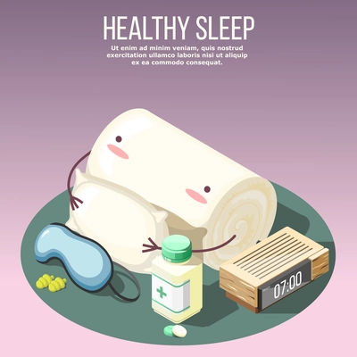 Healthy sleep isometric composition on lilac background with pillow, medicines, mask and ear plugs, clock vector illustration