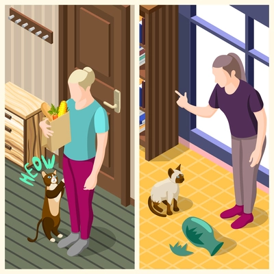 Ordinary life of man and his cat vertical isometric banners with home interior isolated vector illustration