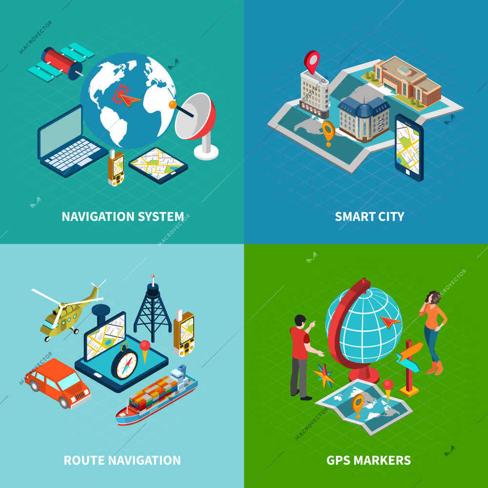 Navigation concept icons set with smart city symbols isometric isolated vector illustration