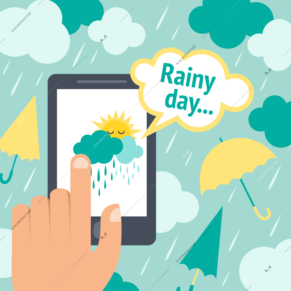 Weather forecast rainy day smart phone poster with clouds and umbrellas vector illustration