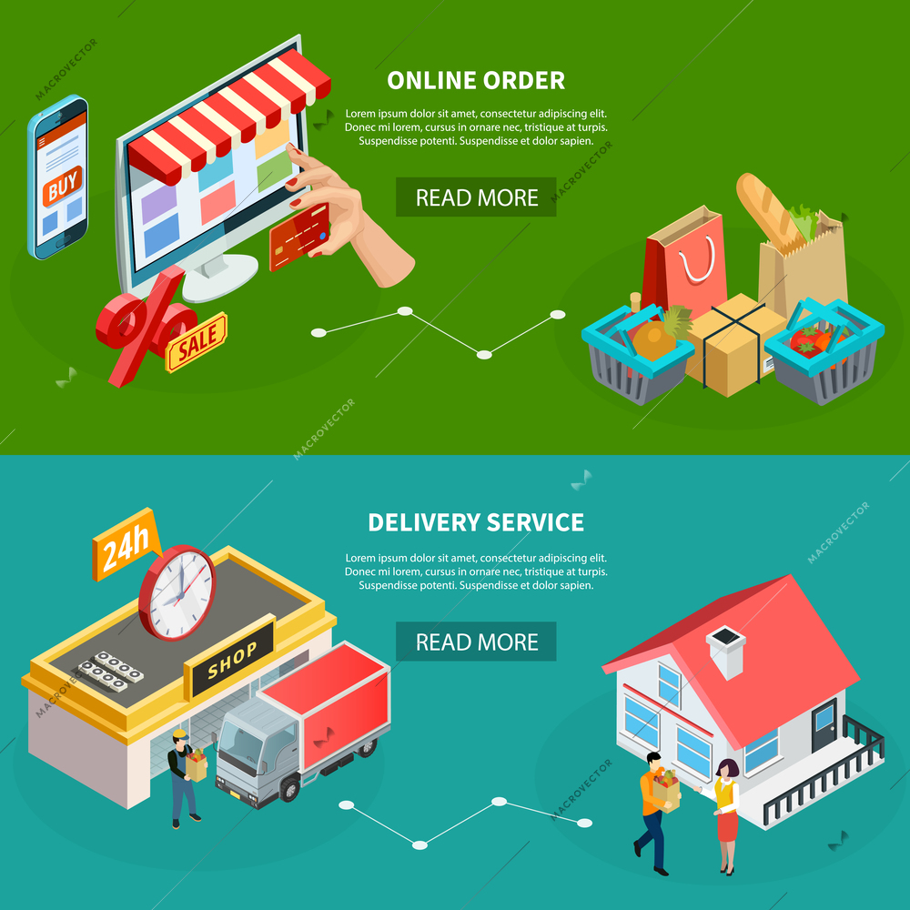 Grocery store horizontal banners with online order and delivery service isometric concepts vector illustration