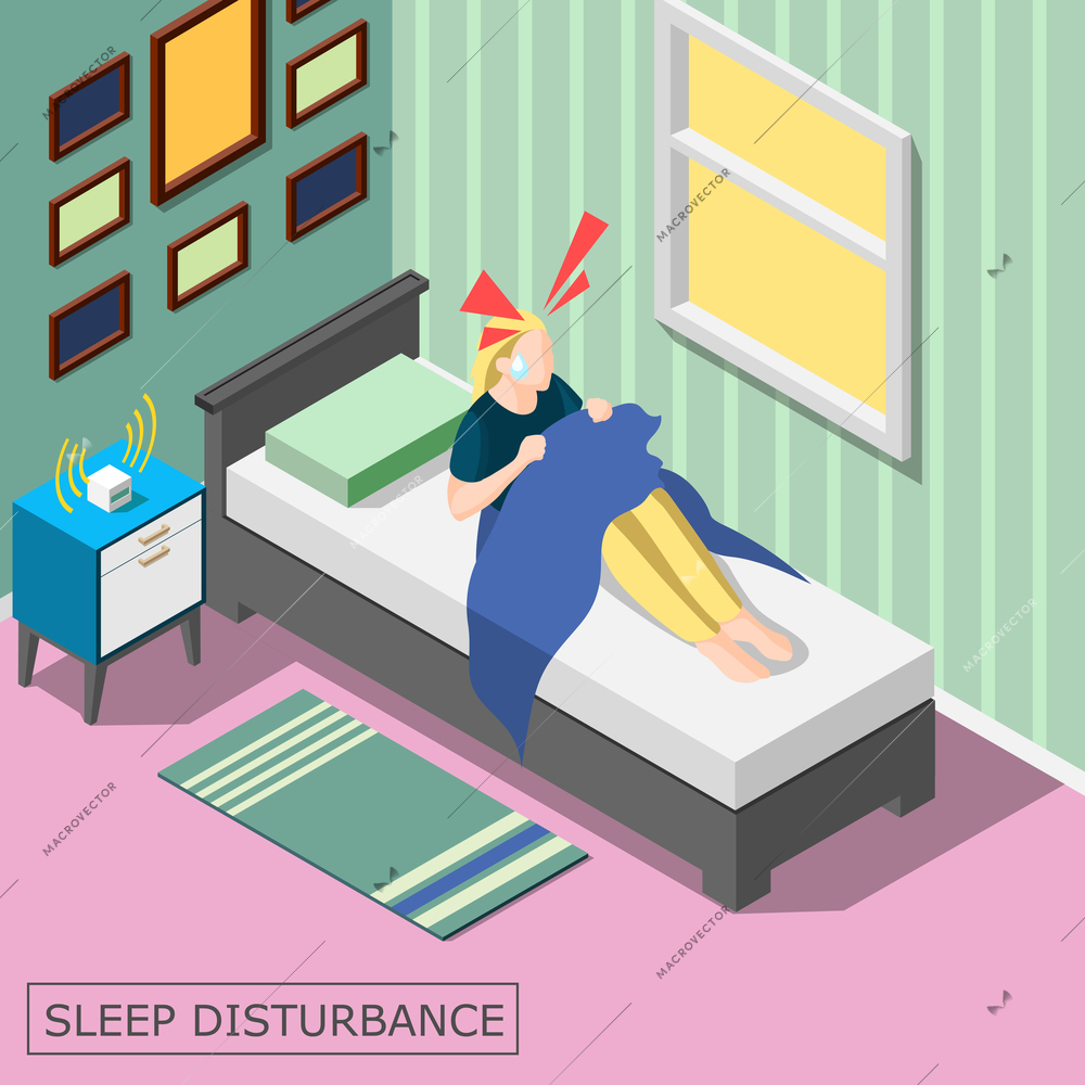 Sleep disturbance isometric background with woman awaking with head ache in home interior vector illustration