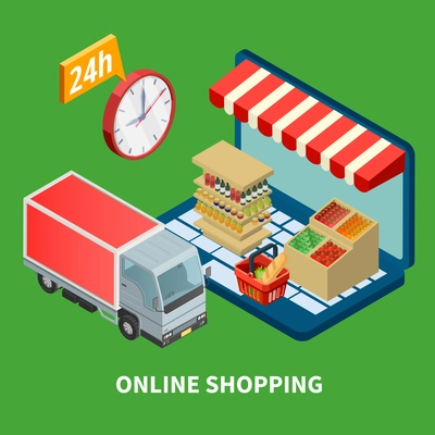 Online shopping isometric vector illustration with grocery store opened around the clock and delivery truck