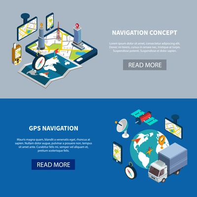 Navigation horizontal banners set with gps navigation symbols isometric isolated vector illustration