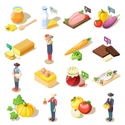 Set of isometric icons organic food including fruits vegetables, dairy products, eggs and honey isolated vector illustration