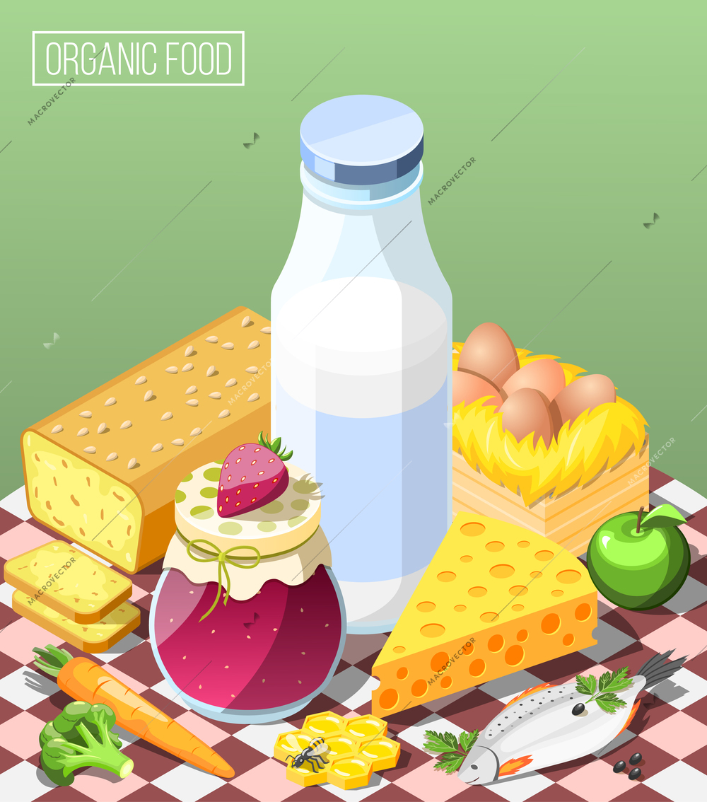 Organic food isometric composition on green background with dairy products, bread, eggs, jam and honey vector illustration