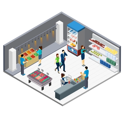 Grocery store isometric interior with customers came for shopping and shop staff 3d vector illustration