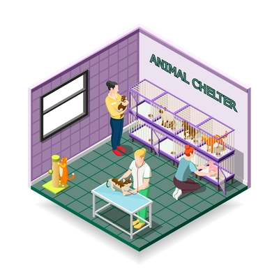 Animal shelter isometric composition with dogs and cats in cages, volunteers and veterinarian vector illustration