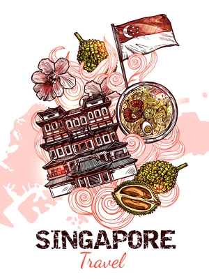 Singapore hand drawn sketch poster with flag of republic buddha tooth relic temple and marina bay sands icons vector illustration
