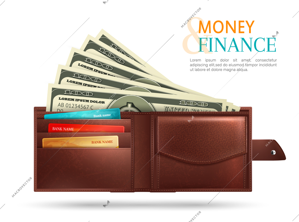 Colored realistic wallet composition with money and finance headline and full of money vector illustration