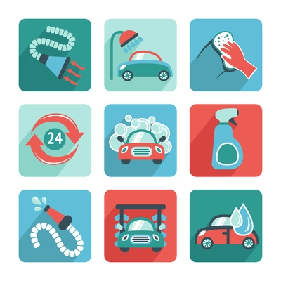 Car wash flat auto cleaner washer shower service isolated icons vector illustration