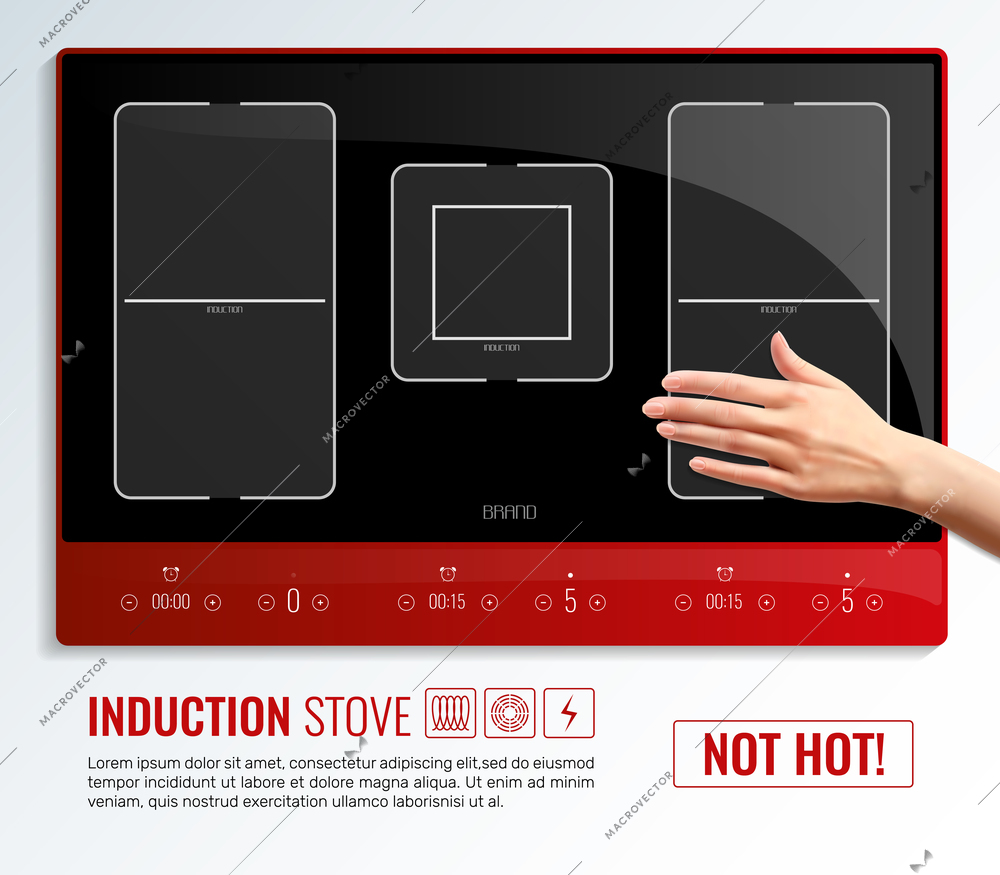 Realistic induction hob surface hand poster with induction stove not hot headline vector illustration