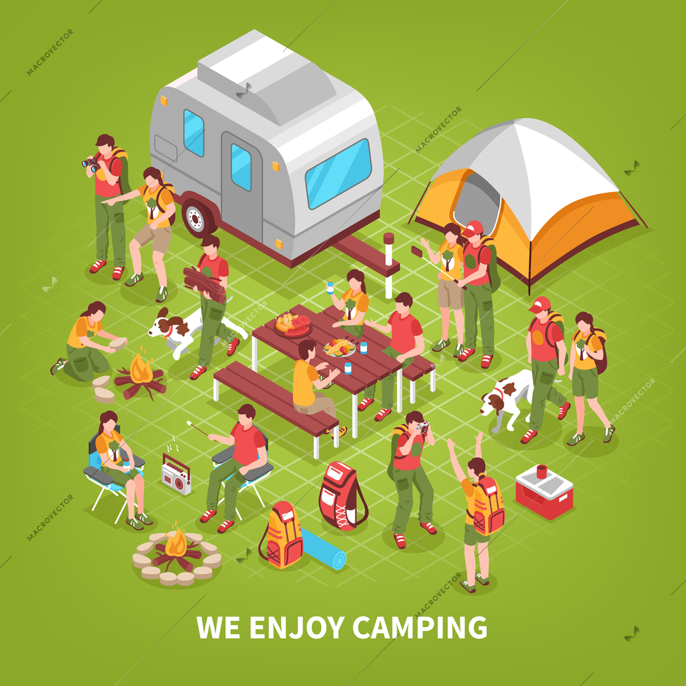 Family camping vacation trips and expeditions site isometric background poster with people tent and caravan vector illustration