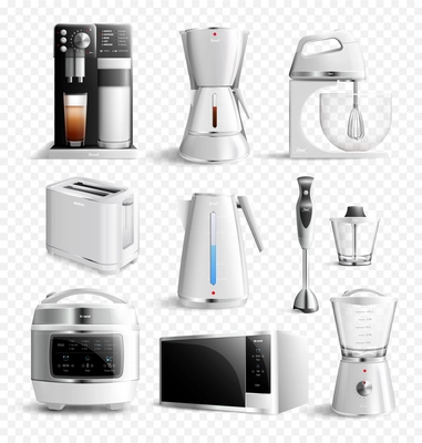 White household kitchen appliances icon set in realistic style on transparent background vector illustration