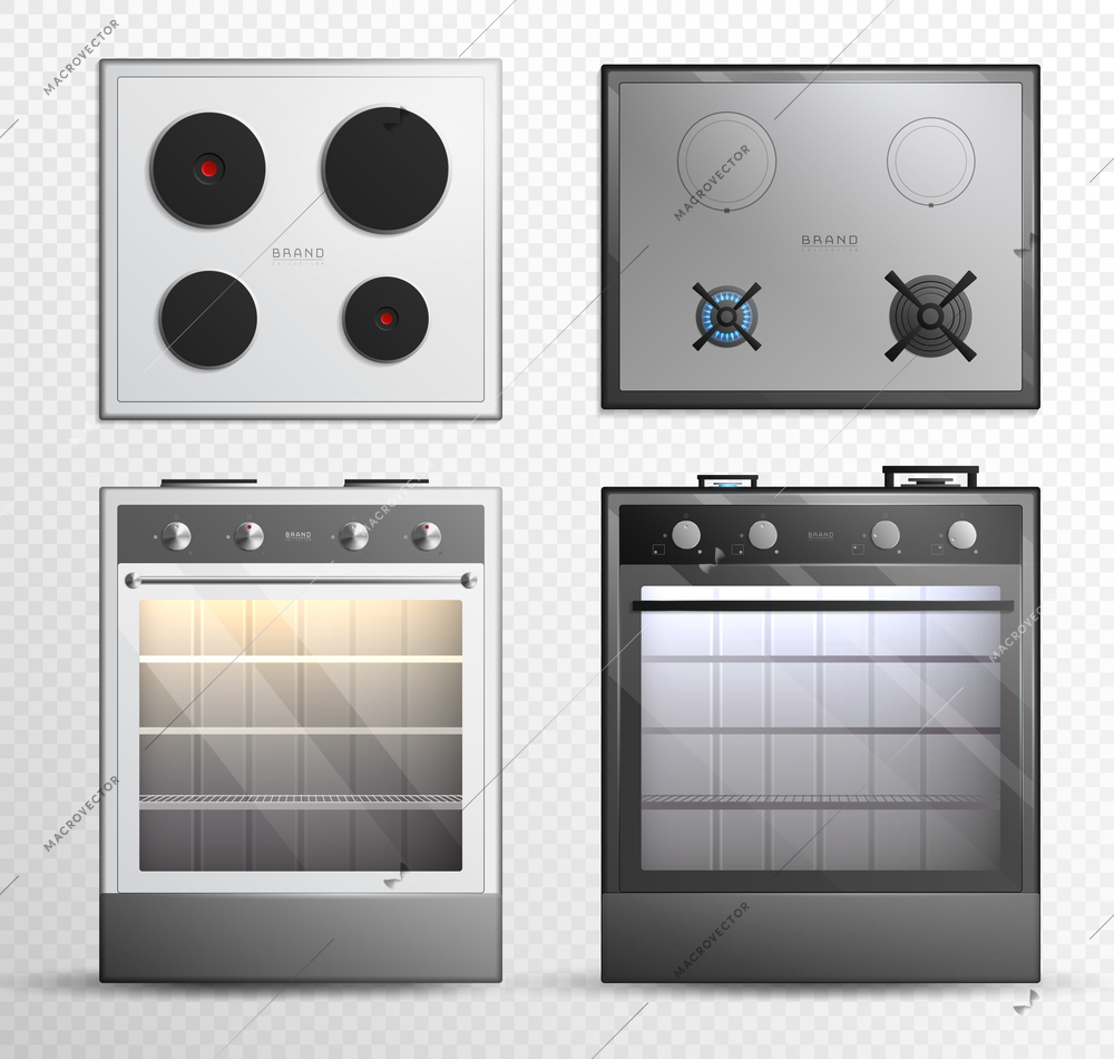 Gas electric cook top stove icon set with different style shape and color vector illustration