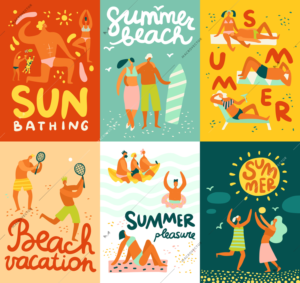 Flat set of colorful vacation cards with people spending summer on beach isolated vector illustration