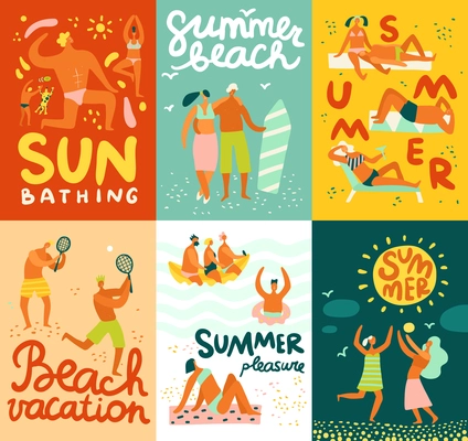 Flat set of colorful vacation cards with people spending summer on beach isolated vector illustration