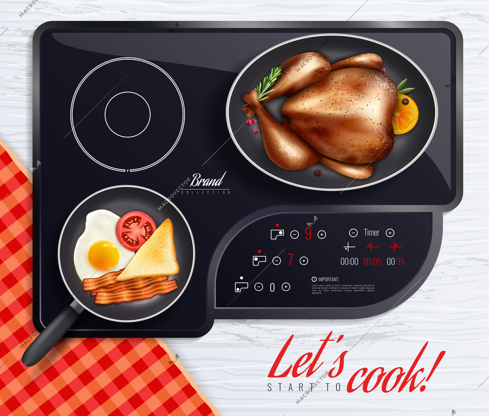 Colored hob surfaces cooking poster with let s start to cook headline and different dishes on the stove vector illustration