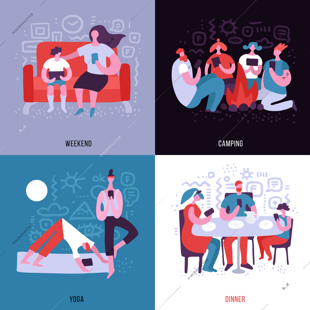 People dependent on gadgets using them everywhere 2x2 flat design concept isolated on colorful background vector illustration