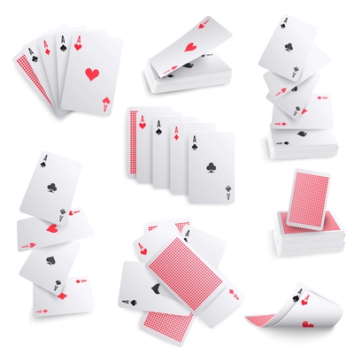 Playing cards realistic collection of aces hearts spade spreads layout sets deck back pattern isolated vector illustration