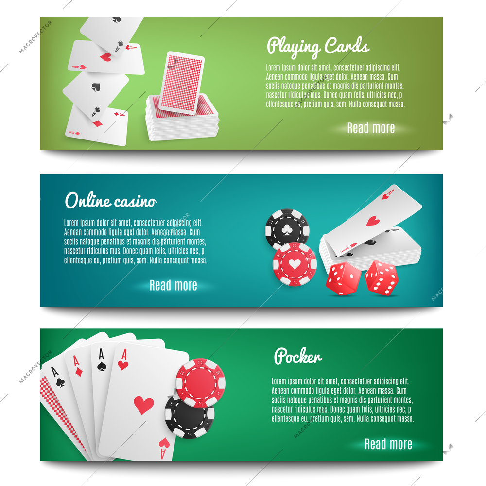 Online casino real money poker game 3 realistic horizontal banners with playing cards chips isolated vector illustration