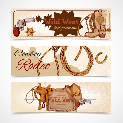 Wild west cowboy rodeo feel freedom colored banners set isolated vector illustration