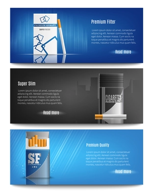Premium quality filter cigarettes packs advertisement 3 stylish horizontal realistic banners web page design isolated vector illustration