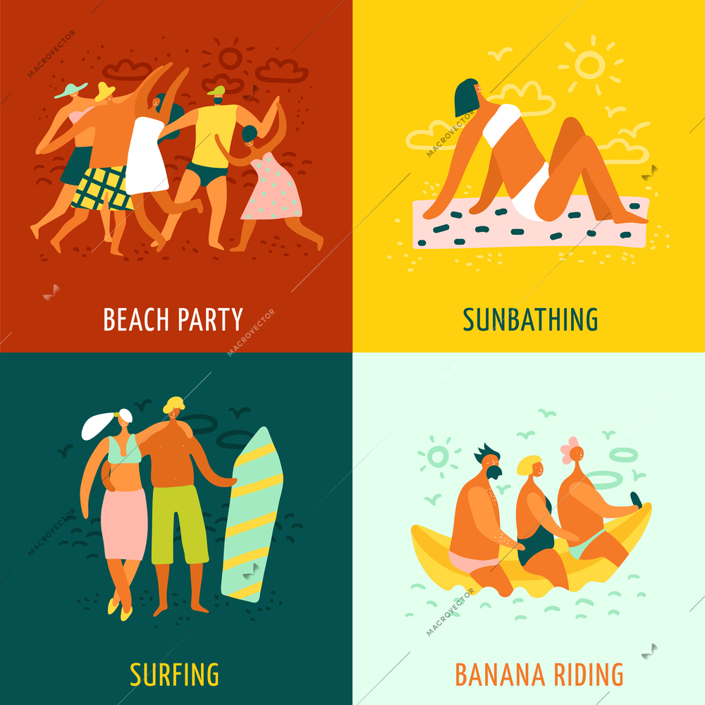 People sunbathing surfing and having fun on beach 2x2 design concept isolated on colorful background flat vector illustration