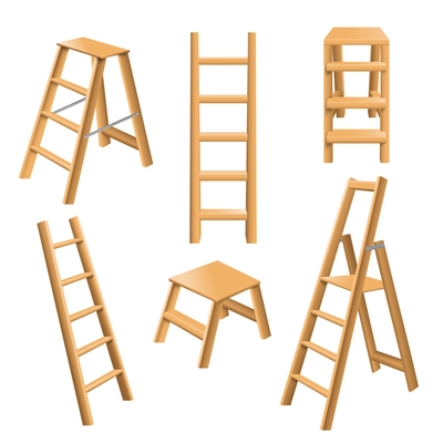 Multi purpose leaning and standing classic wooden ladders realistic 3d collection with step stool isolated vector illustration