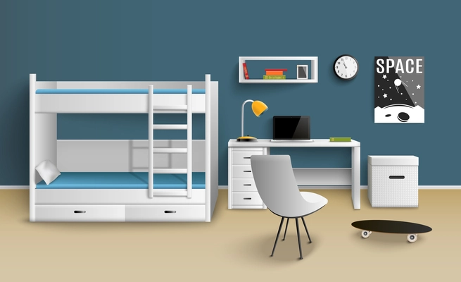 Teen boy room interior realistic image with furniture lamp clock calendar bunk bed desk skateboard vector illustration