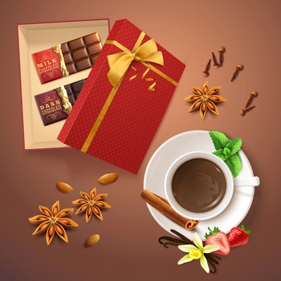 Chocolate bars in gift carton, cocoa drink, spices, top view, isolated on brown background realistic vector illustration