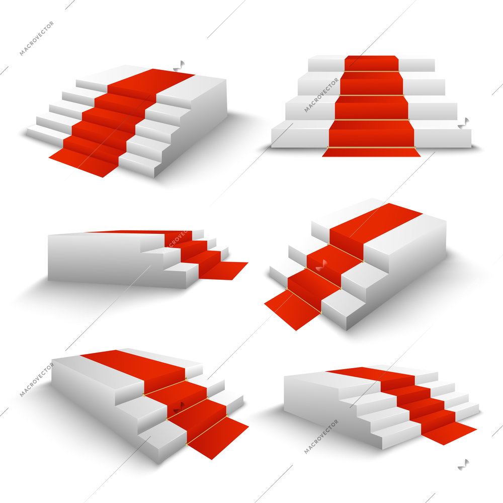 Festive events red carpet white stairs 3d elements set front side top view realistic isolated vector illustration
