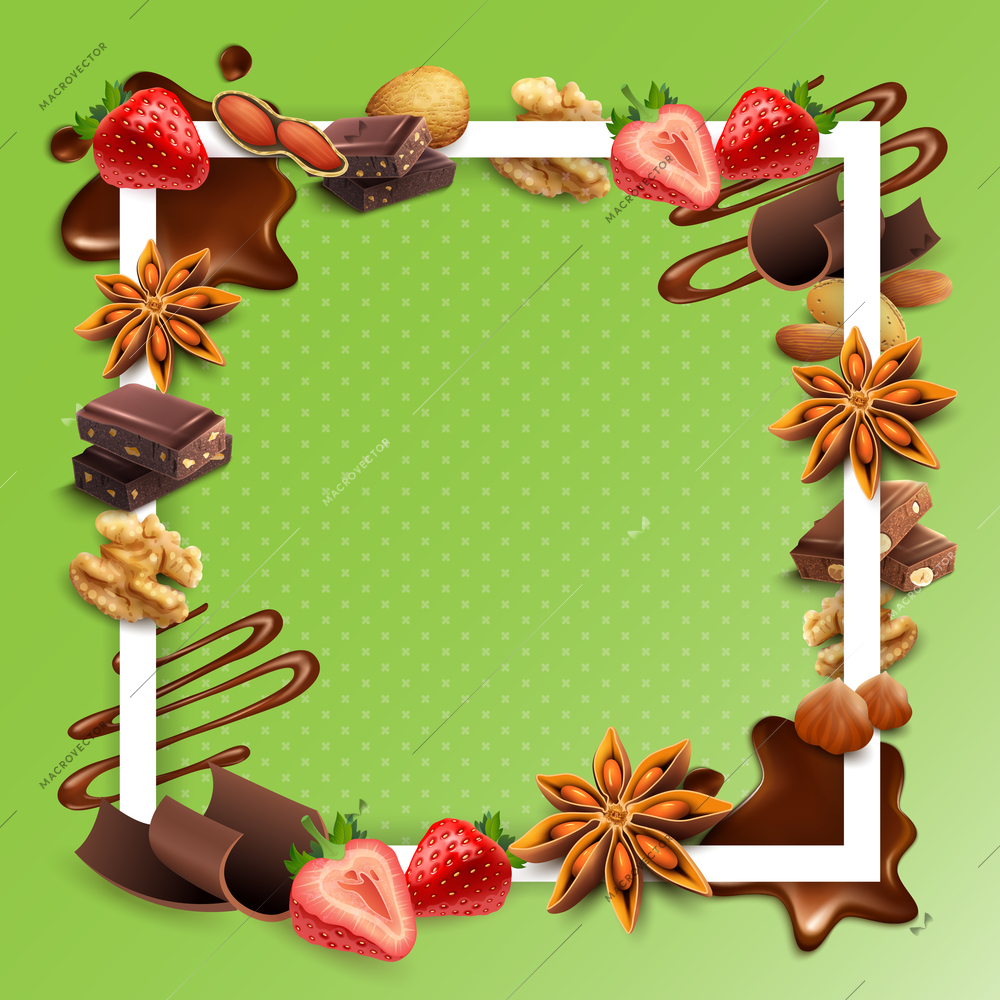 Realistic chocolate with nuts, strawberry, stars of anise, white square frame on green background vector illustration