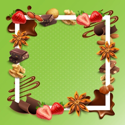 Realistic chocolate with nuts, strawberry, stars of anise, white square frame on green background vector illustration