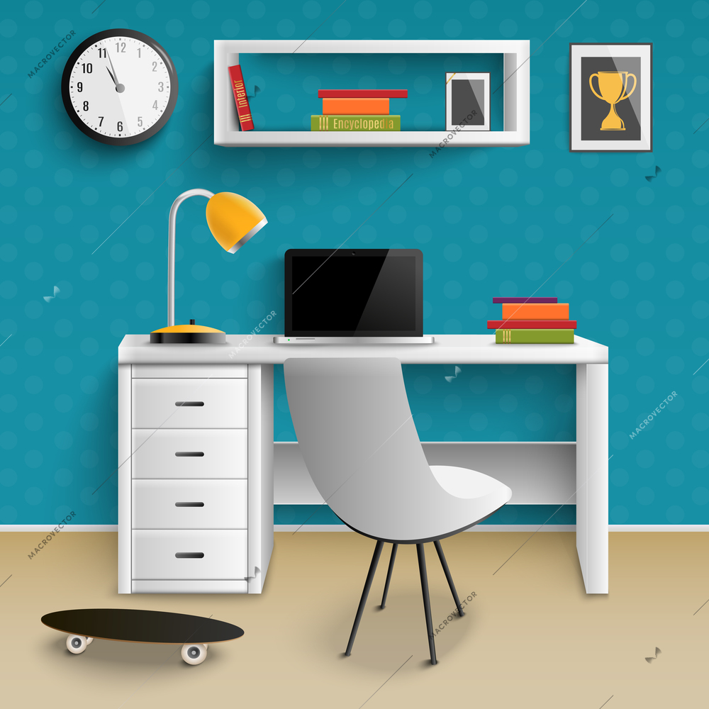 Teenager workplace realistic room interior element with desk laptop lamp clock bookshelf skateboard trophy photo vector illustration