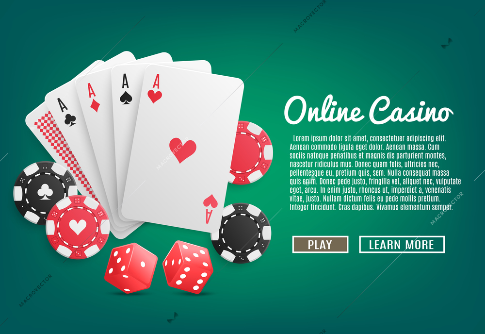 Online casino realistic web page design with cards poker chips dices play and learn more buttons vector illustration