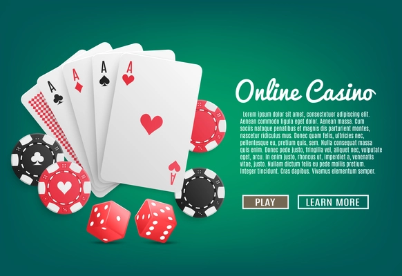 Online casino realistic web page design with cards poker chips dices play and learn more buttons vector illustration