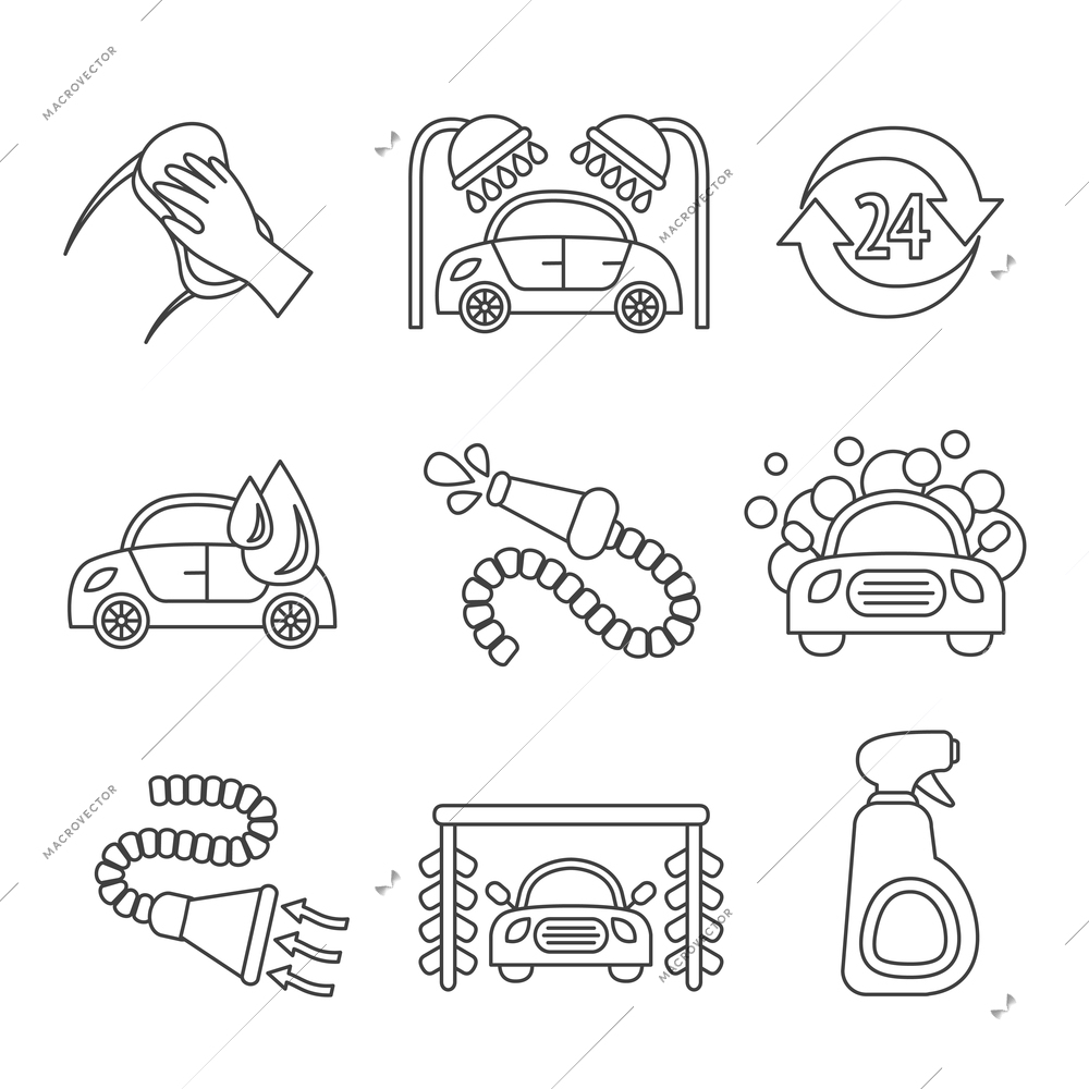 Car wash outline auto cleaner washer shower service isolated icons vector illustration