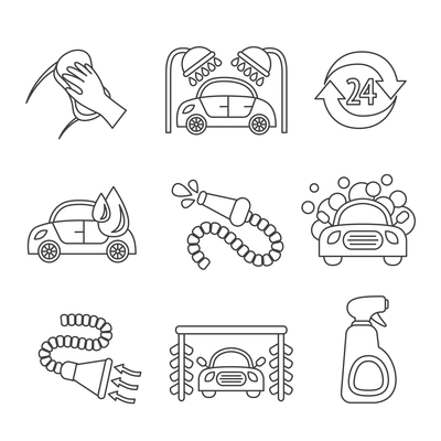 Car wash outline auto cleaner washer shower service isolated icons vector illustration