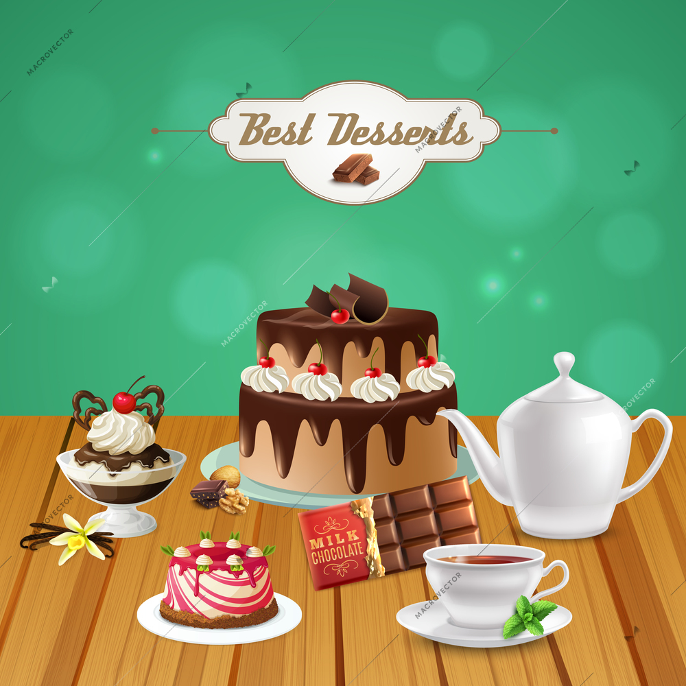 Tea with chocolate desserts on wooden table realistic composition on blurred green background 3d vector illustration