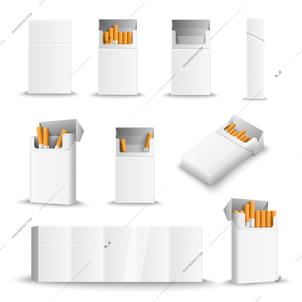 Cigarettes white blank packs soft hard front side views opened closed full empty realistic set vector illustration